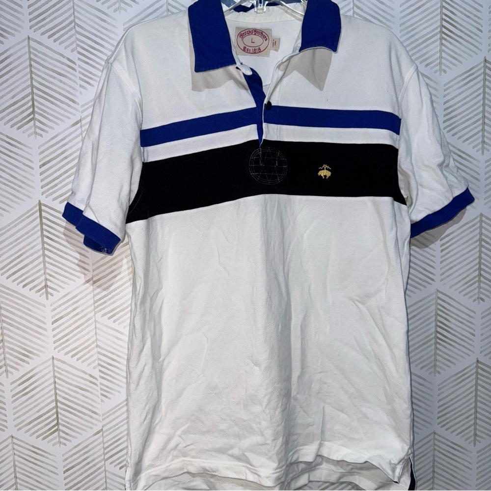 Brooks Brothers Polo Blue‎ White  Black Striped Gold Embroidered Logo Size L